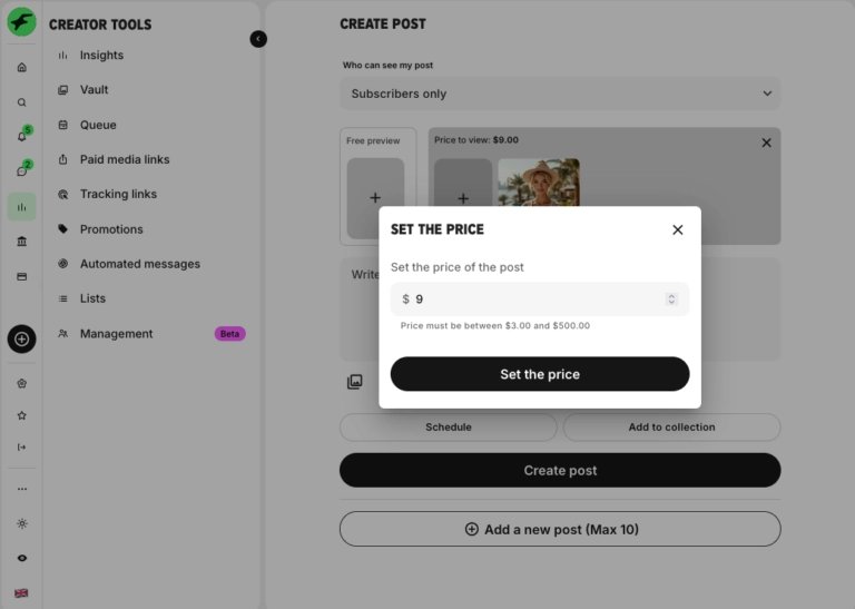 Setting setting the price for AI Nude Content on Fanvue